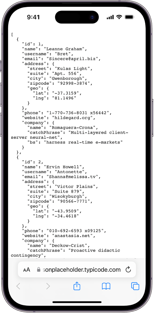 مثال لبيانات JSON.