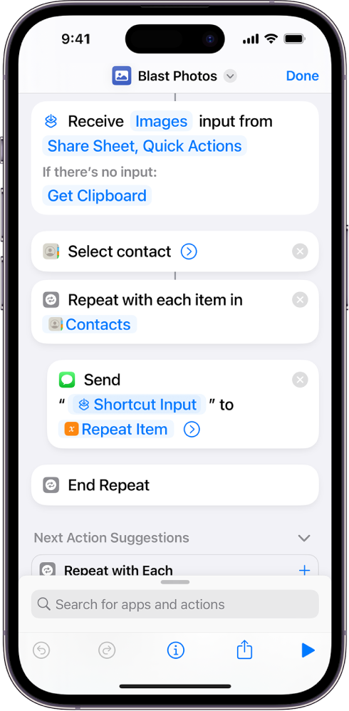 Example shortcut showing “Repeat” actions.