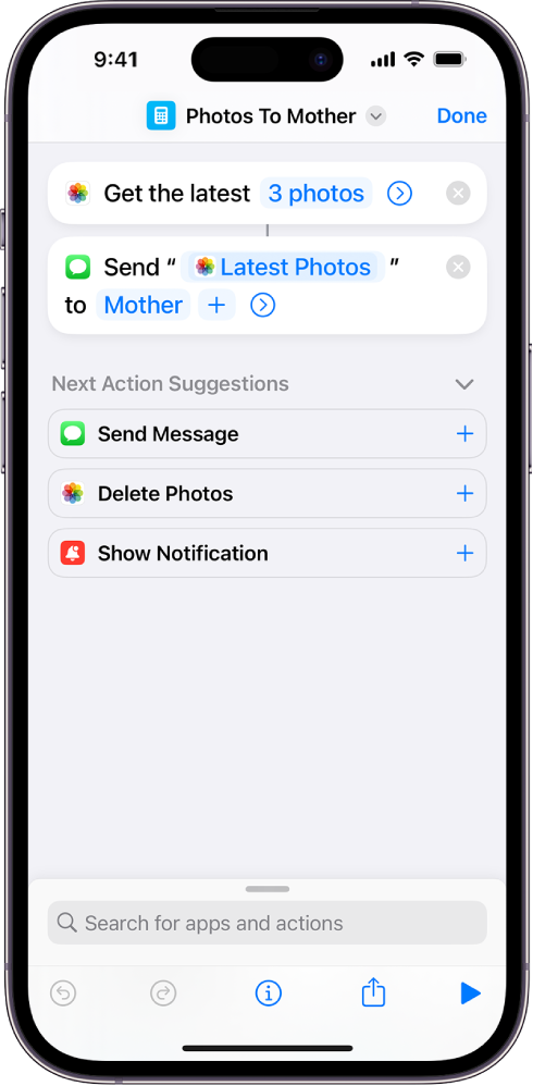 Shortcut containing a Get Latest Photos action and a Send Message action.