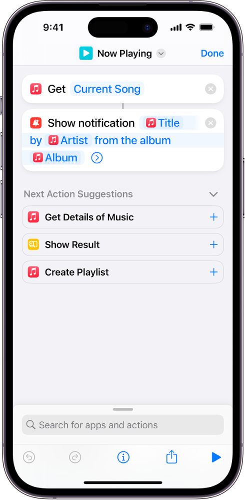 Show Notification action in the shortcut editor and Music Now Playing alert called by the Show Notification action.