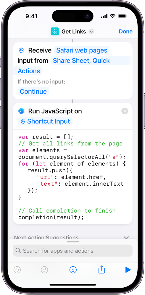 The Run JavaScript on Webpage action in the shortcut editor.