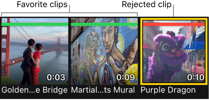 Clip-Miniaturen in der Medienübersicht mit den Bewertungen „Favorit“ (horizontale grüne Leiste) und einer Bewertung „Abgelehnt“ (horizontale rote Leiste).
