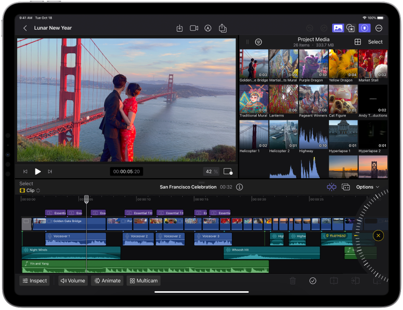 The Final Cut Pro for iPad window showing the viewer, browser, and timeline.