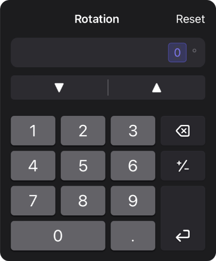 The keypad for the Rotation transform setting.