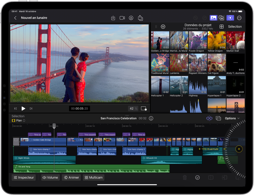 Fenêtre Final Cut Pro pour iPad affichant le visualiseur, le navigateur et la timeline.