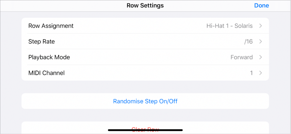 Row Settings menu.