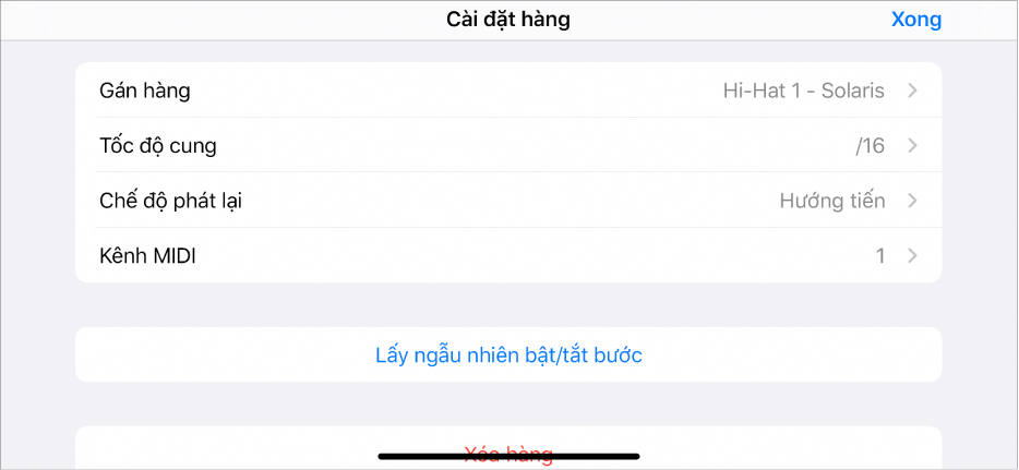 Menu Cài đặt hàng.