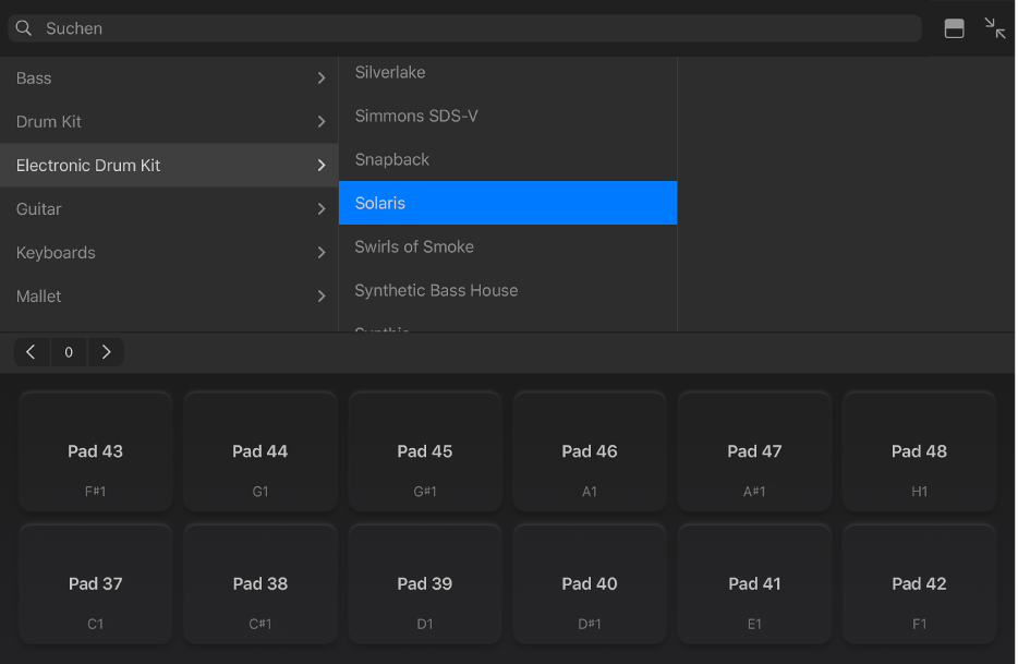 Abbildung. Touch-Instrument „Drum-Pads“ mit Mediathek.