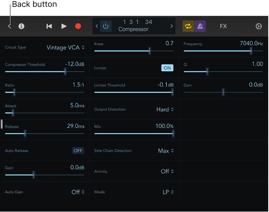 Figure. Showing the Compressor plug-in controls.