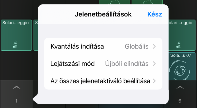 Jelenethez tartozó Beállítások menü.