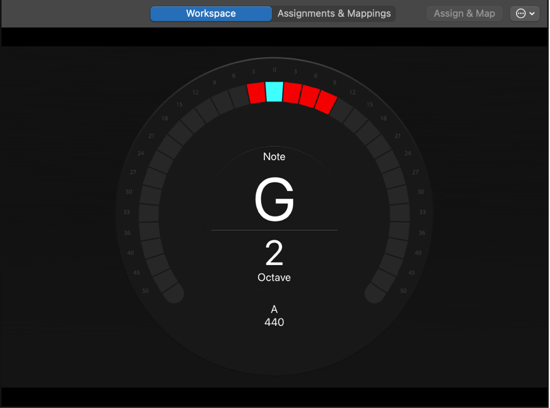 Figure. The Tuner, showing the note G in tune.