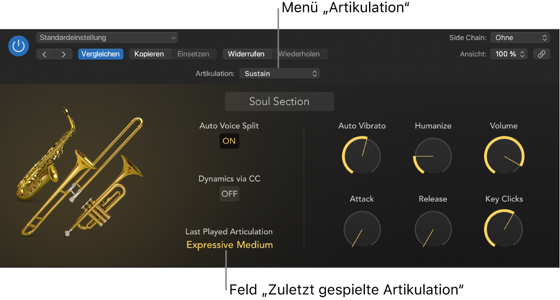 Abbildung. Software-Instrument mit Menü „Artikulation“ und dem Feld für die zuletzt gespielte Artikulation