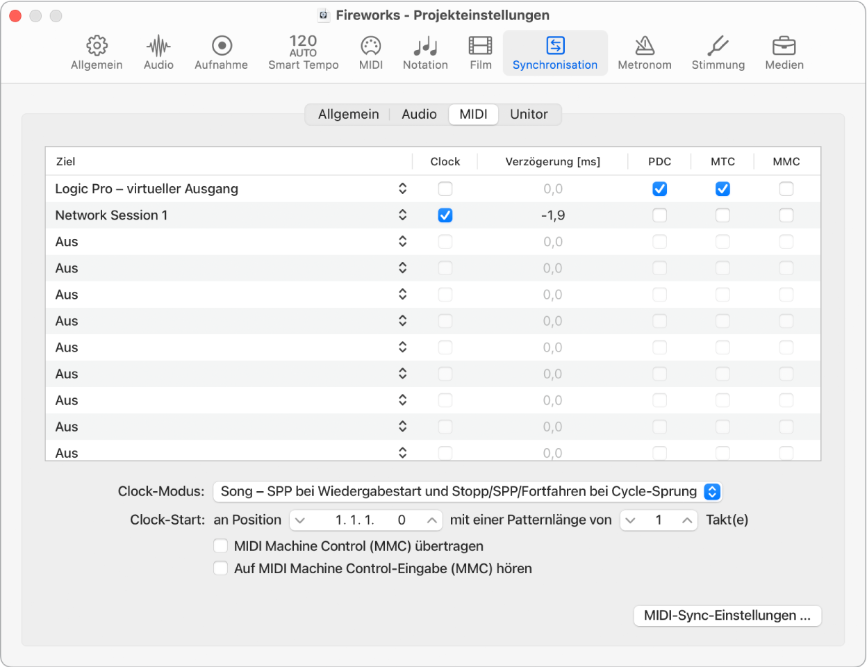 Abbildung. Projekteinstellungsbereich „MIDI-Synchronisation“