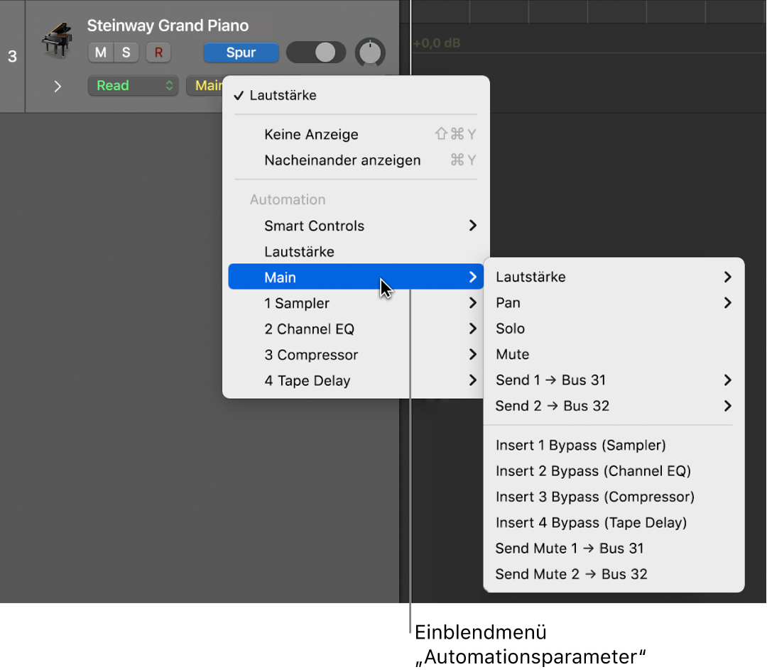 Abbildung. Geöffnetes Einblendmenü „Automationsparameter“