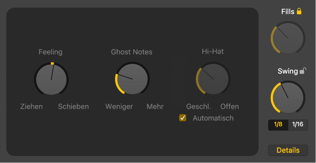 Abbildung. Drummer-Editor mit ausgewählter Taste „Details“ und den Drehreglern „Feel“, „Ghost Notes“ und „Hi-Hat“