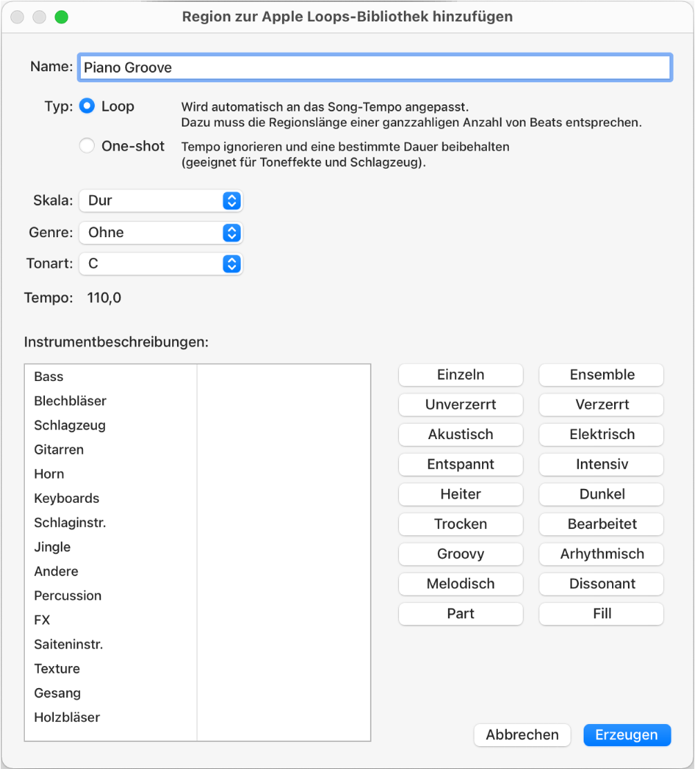 Abbildung. Dialogfenster „Region zur Apple Loops-Bibliothek hinzufügen“