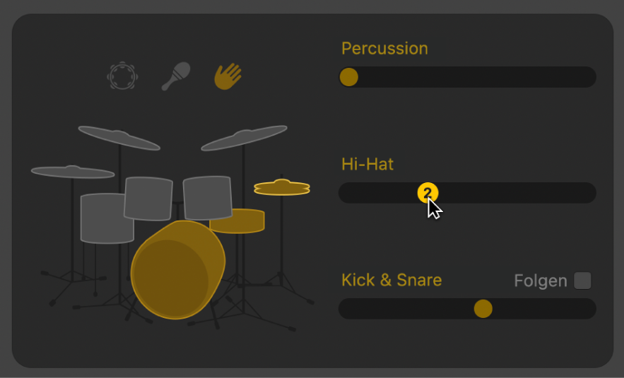 Abbildung. Bewegen des Schiebereglers „Hi-Hat“ im Drummer-Editor