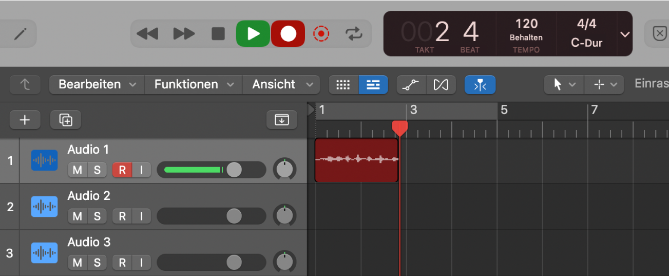 Abbildung. Im Bereich „Spuren“ wird eine Audioregion aufgenommen