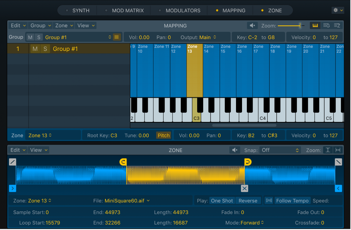 Abbildung. Sampler-Bereiche „Mapping“ und „Zone“ mit dem Key Mapping Editor und einem ausgewählten, im Bereich „Zone“ gespiegelten Sample.