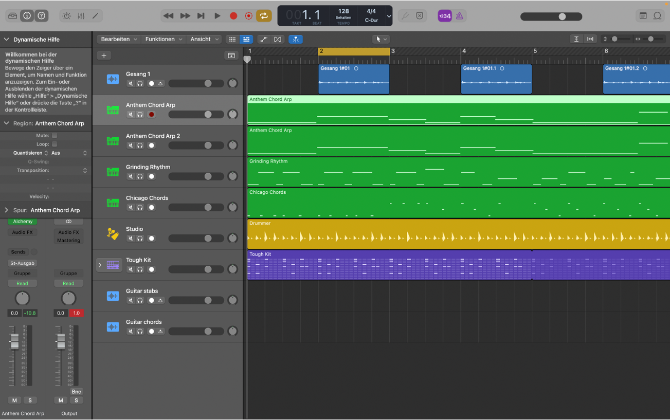 Abbildung. Der Bereich „Spuren“ mit den Audio-, Software-Instrument- und Drummer-Regionen