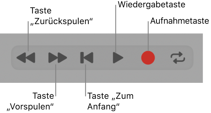 Abbildung. Die grundlegenden Transportsteuerungen: „Zurückspulen“, „Vorspulen“, „Stoppen“, „Wiedergabe“ und „Aufnahme“