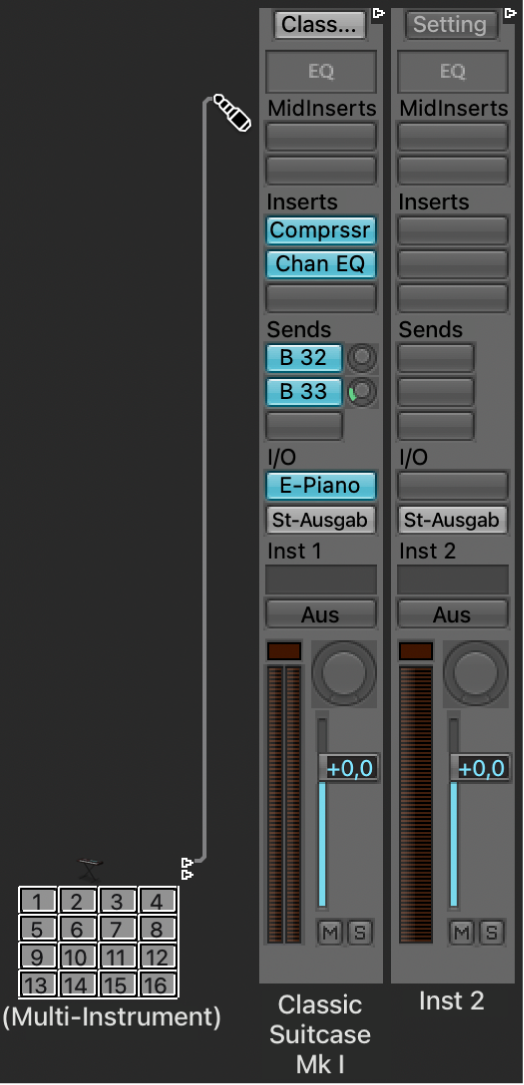 Abbildung. Verkabeln des Mapped Instrument auf den Software-Instrument-Channel-Strip im Environment-Fenster