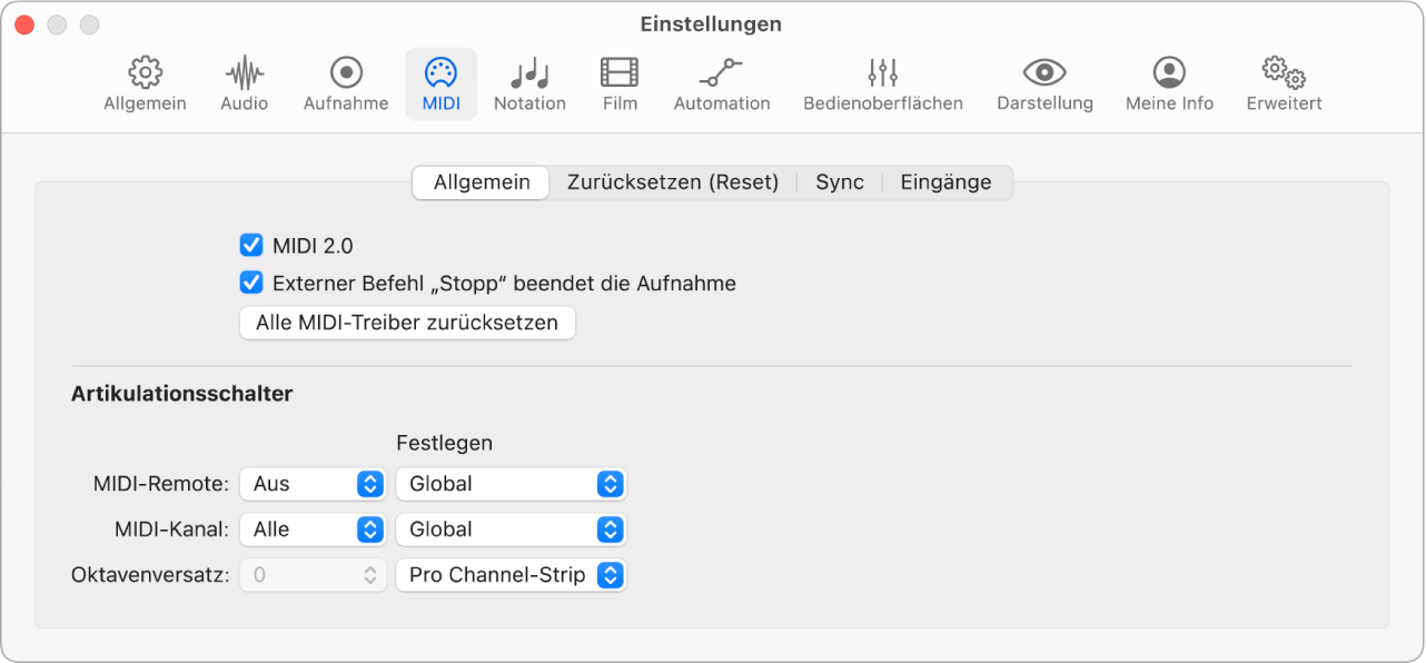 Abbildung. Einstellungsbereich „MIDI“ > „Allgemein“