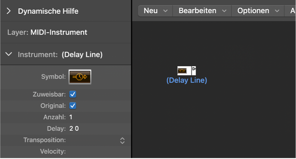 Abbildung. Environment-Fenster mit Anzeige eines Delay Line-Objekts und des zugehörigen Informationsfensters