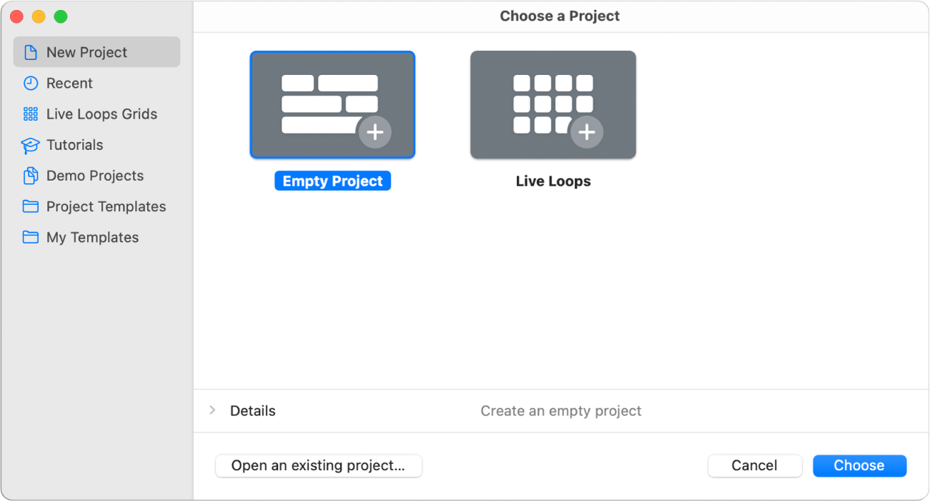 Figure. Project Chooser with Empty Project selected.