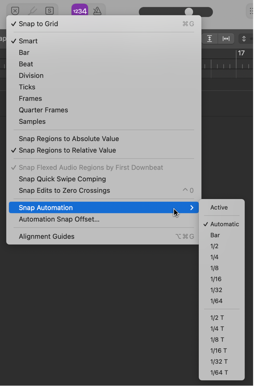 Figure. Pointing to the menu command in the Snap Automation submenu.