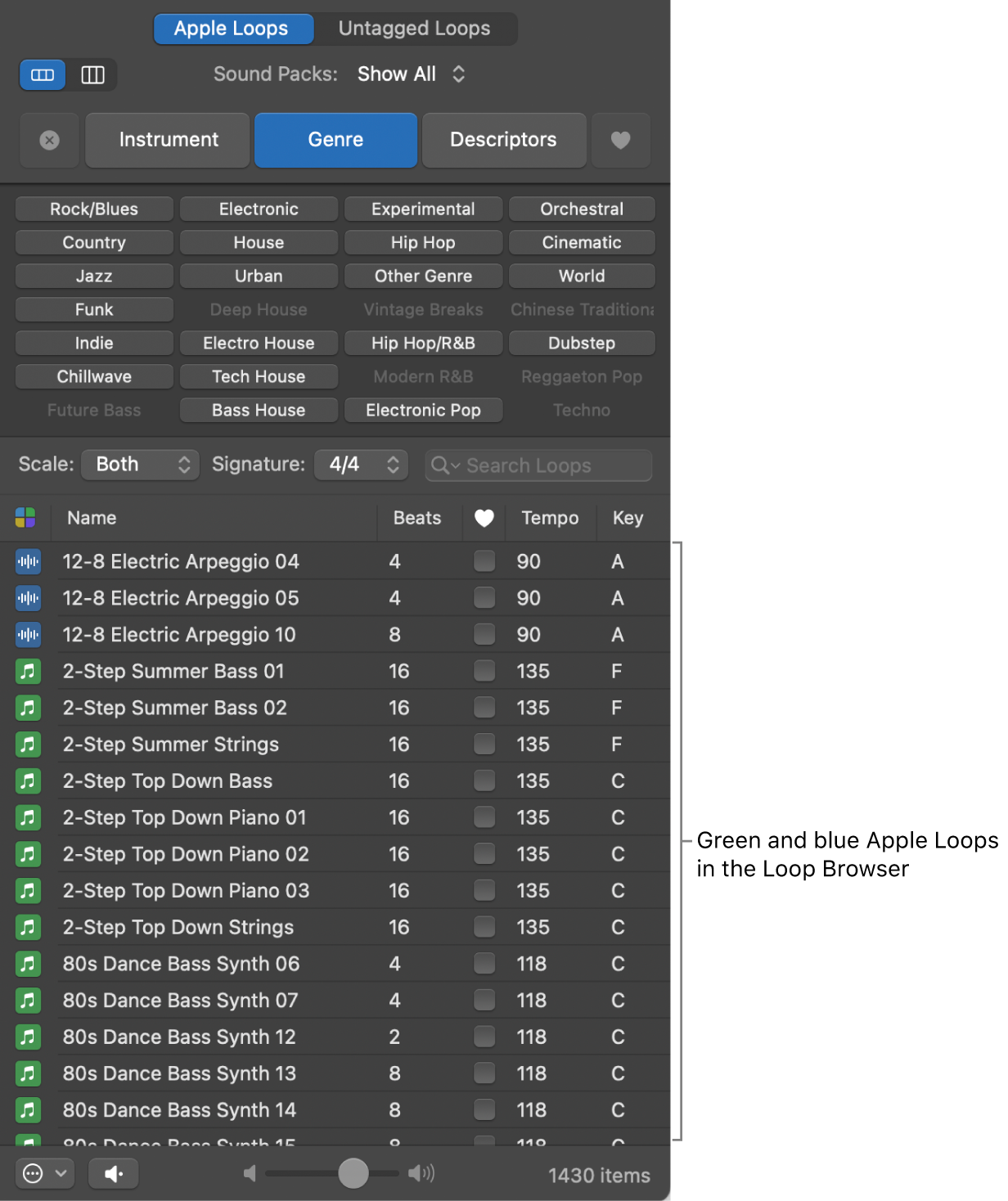 Loop Browser showing MIDI (green) and audio (blue) Apple Loops.