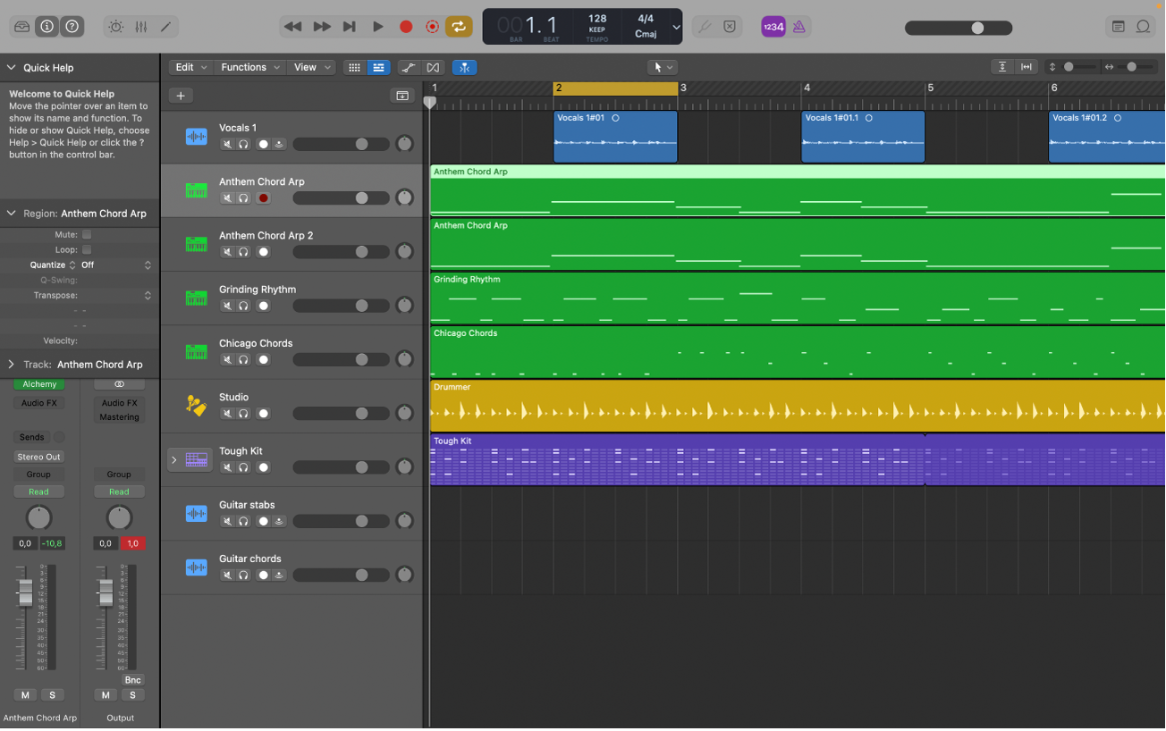 Figure. The Tracks area, showing audio, software instrument, and Drummer regions.