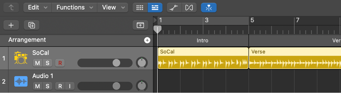 Figure. A software instrument track containing Drummer regions that match the arrangement markers.