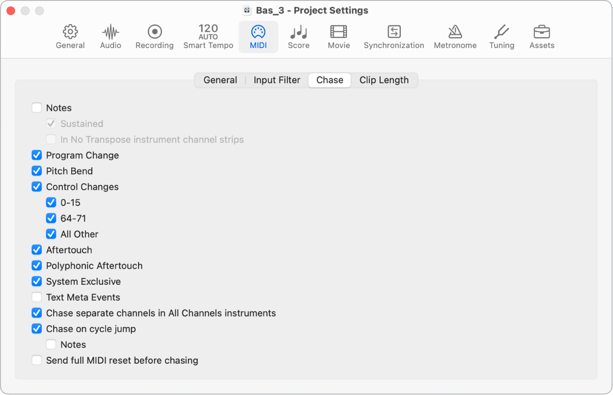 Figure. Chase pane in the MIDI project settings.