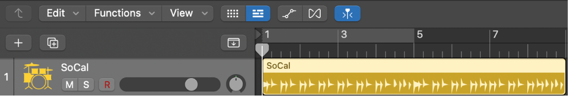 Figure. A software instrument track containing one 8-bar Drummer region.