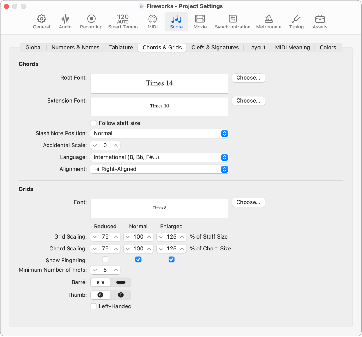 Figure. Chords and Grids project settings.