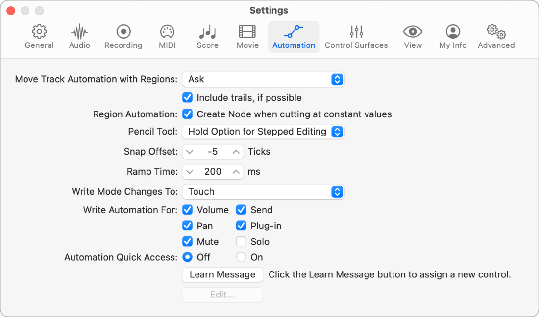 Figure. Automation settings.