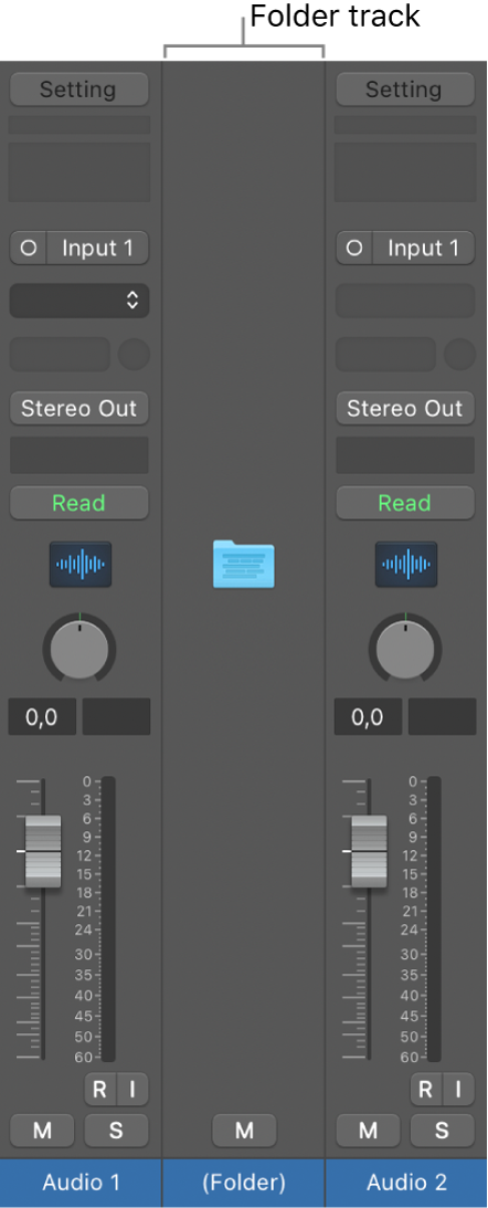 Figure. Folder track channel strip in the Mixer area.