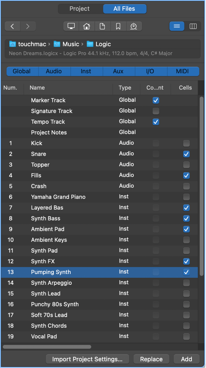 Figure. Track Import view in the All Files Browser.