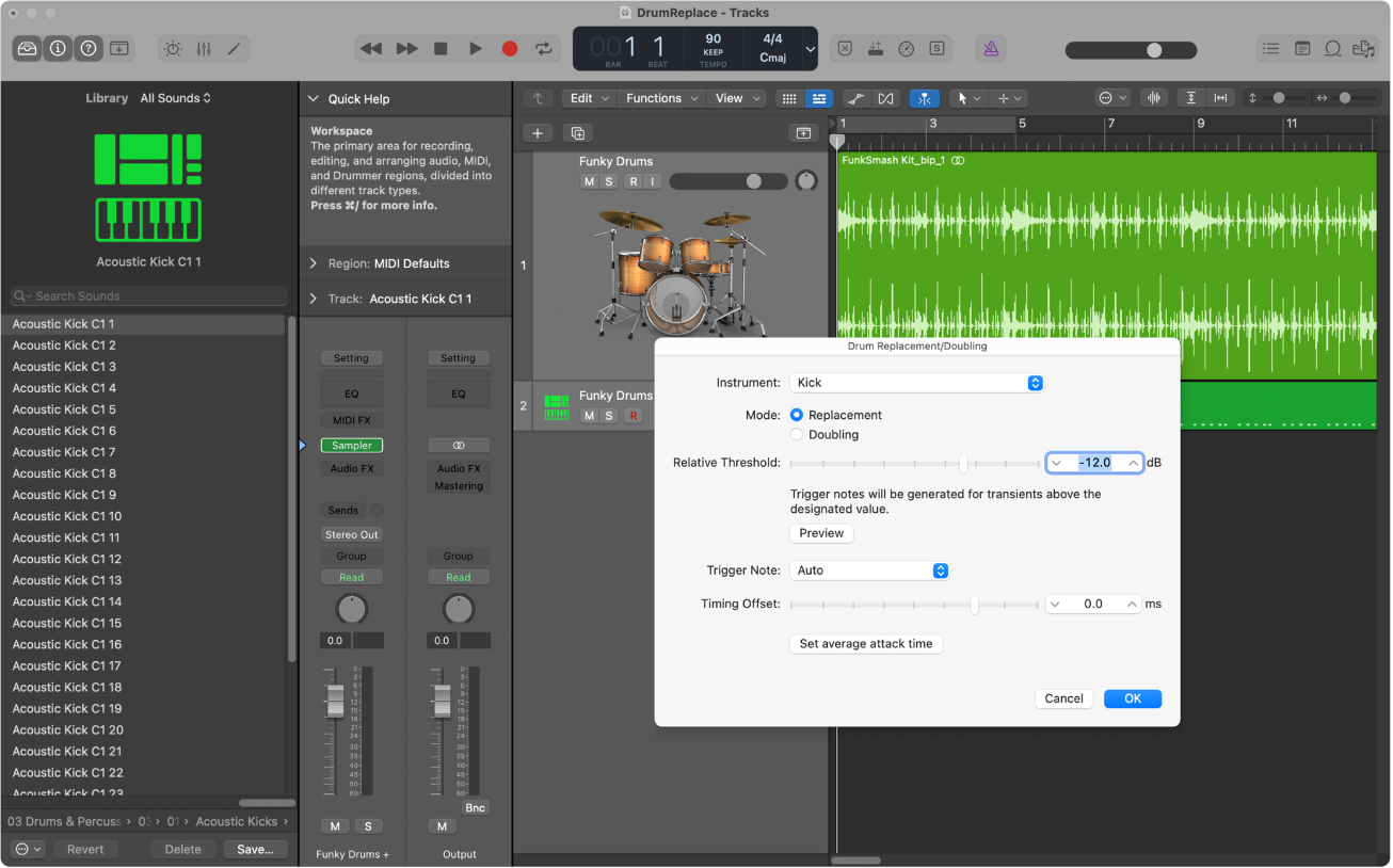 Figure. Tracks area with audio track zoomed, Library open showing drum sounds, and Drum Replacement/Doubling dialog open.