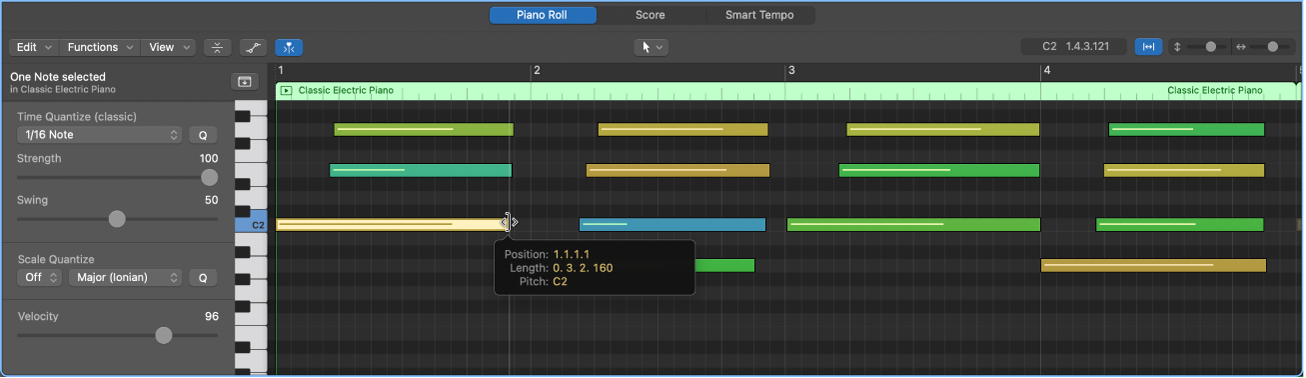 Figure. Editing a MIDI note event in the Piano Roll Editor.