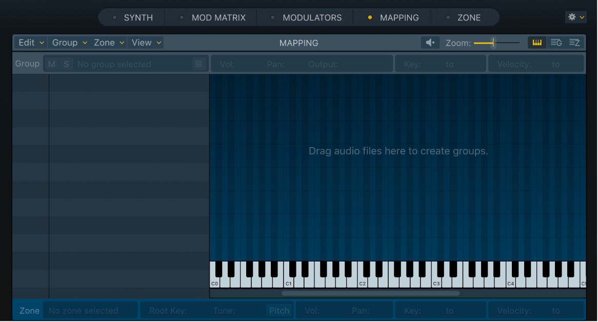 Figure. Empty Sampler Key Mapping Editor, showing Drag audio files here message.