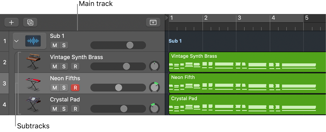 Figure. Folder stack, showing main track and subtracks.