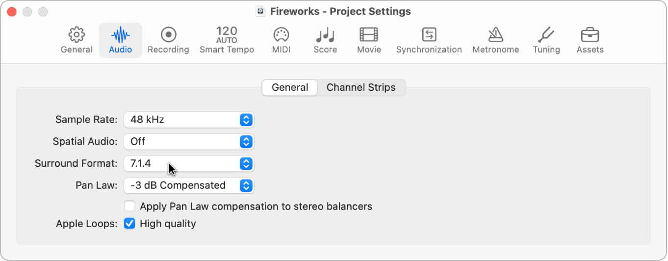 Figure. Audio Project Settings pane.