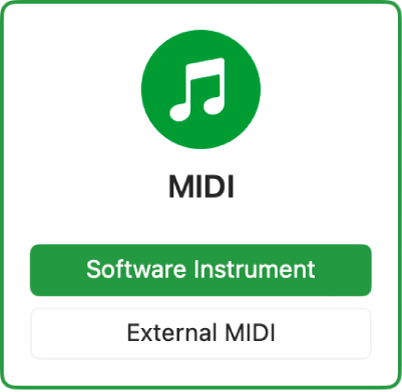 Figure. Selecting the Software Instrument & MIDI button in the New Tracks dialog.