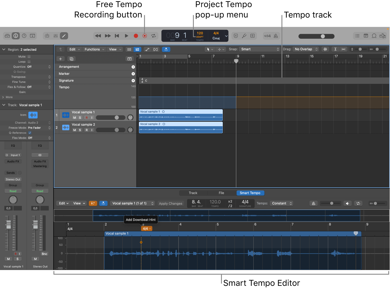 Figure. Project showing recording, Adapt mode chosen, tempo changes in the Tempo track, and the Smart Tempo Editor open.