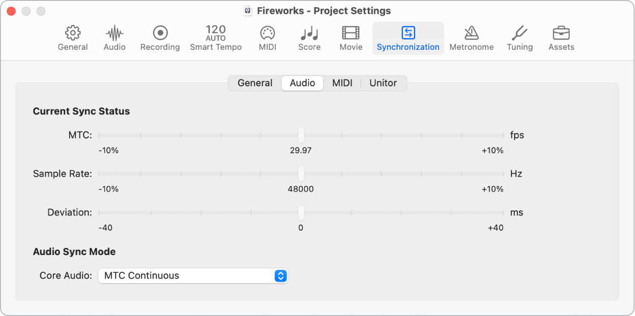 Figure. Audio Synchronization project settings.