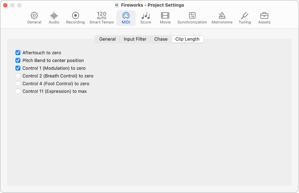 Figure. MIDI Clip Length project settings.