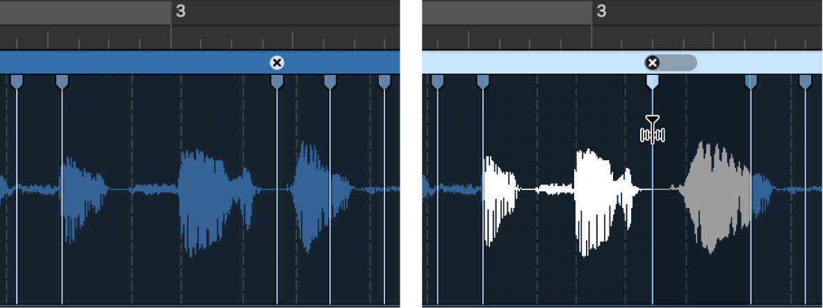 Figure. Two audio regions showing the region before and after a flex marker is moved to the left.