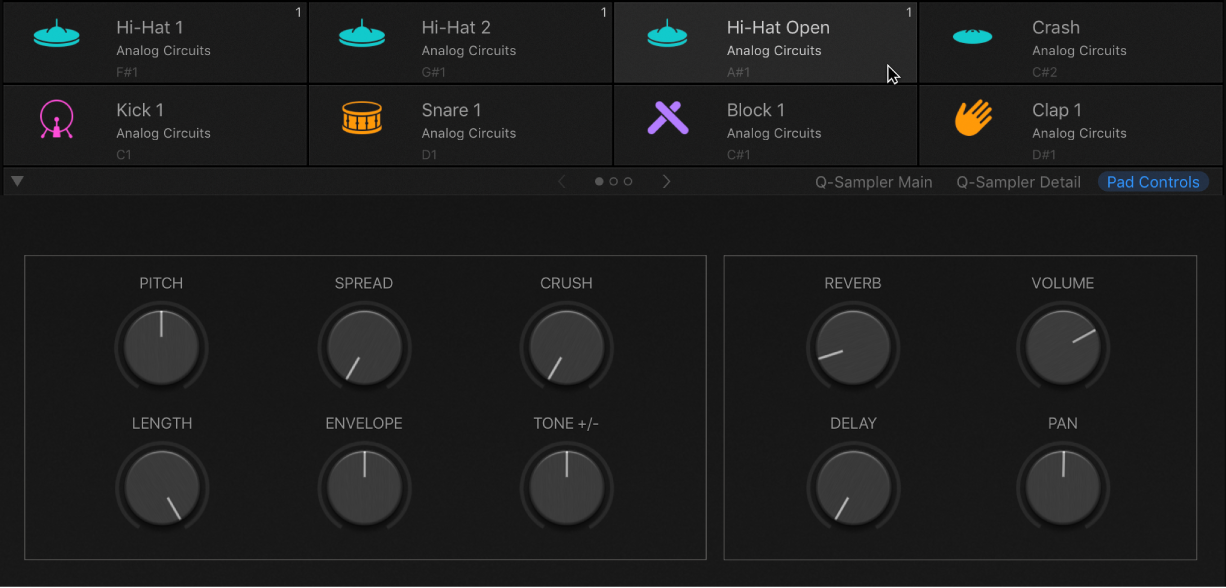 Figure. Drum Machine Designer with a pad selected, showing kit piece Smart Controls parameters.